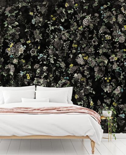 mural floral vintage oscuro personalizado llamado Aureline IV de Loris Drago para dormitorios y pasillos