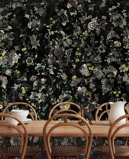 dark custom vintage floral mural called Aureline IV by Loris Drago for bedrooms and hallways