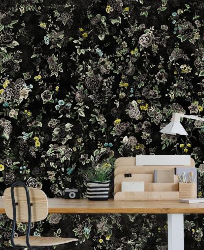 dark custom vintage floral mural called Aureline IV by Loris Drago for bedrooms and hallways