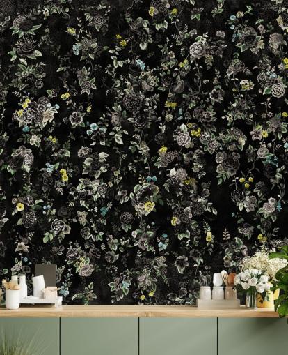 mural floral vintage oscuro personalizado llamado Aureline IV de Loris Drago para dormitorios y pasillos