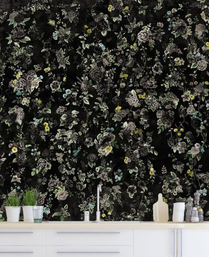 mural floral vintage oscuro personalizado llamado Aureline IV de Loris Drago para dormitorios y pasillos