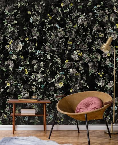 mural floral vintage oscuro personalizado llamado Aureline IV de Loris Drago para dormitorios y pasillos