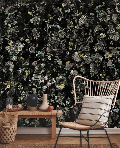 dark custom vintage floral mural called Aureline IV by Loris Drago for bedrooms and hallways