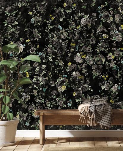dark custom vintage floral mural called Aureline IV by Loris Drago for bedrooms and hallways