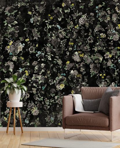 mural floral vintage oscuro personalizado llamado Aureline IV de Loris Drago para dormitorios y pasillos