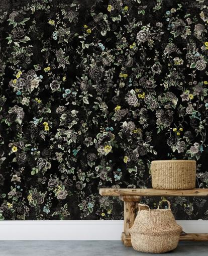mörk anpassad vintage blommig väggmålning kallad Aureline IV av Loris Drago för sovrum och hallar mörk anpassad vintage blommig väggmålning kallad Aureline IV av Loris Drago för sovrum och hallar
