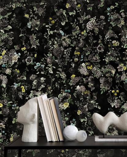 dark custom vintage floral mural called Aureline IV by Loris Drago for bedrooms and hallways