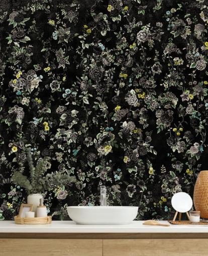 dark custom vintage floral mural called Aureline IV by Loris Drago for bedrooms and hallways