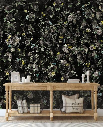 dark custom vintage floral mural called Aureline IV by Loris Drago for bedrooms and hallways