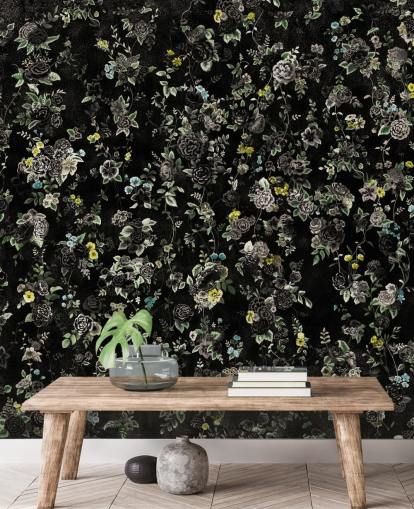 peinture murale florale vintage personnalisée foncée appelée Aureline IV par Loris Drago pour les chambres et les couloirs peinture murale florale vintage personnalisée foncée appelée Aureline IV par Loris Drago pour les chambres et les couloirs