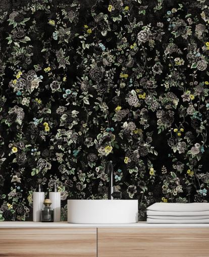 dark custom vintage floral mural called Aureline IV by Loris Drago for bedrooms and hallways