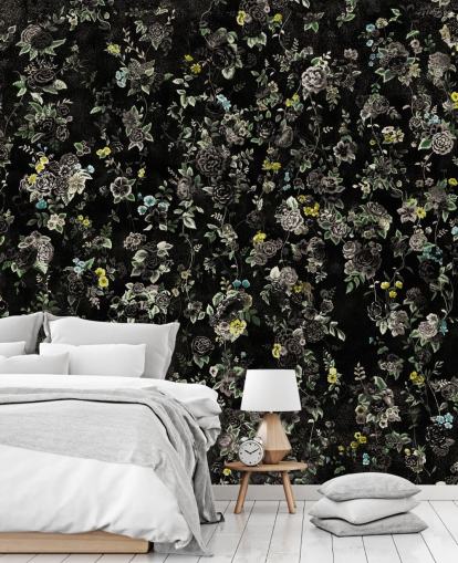 peinture murale florale vintage personnalisée foncée appelée Aureline IV par Loris Drago pour les chambres et les couloirs