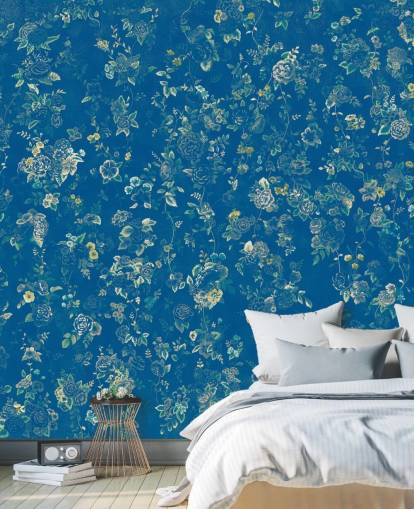 blue custom vintage floral mural called Aureline V by Loris Drago for bedrooms
