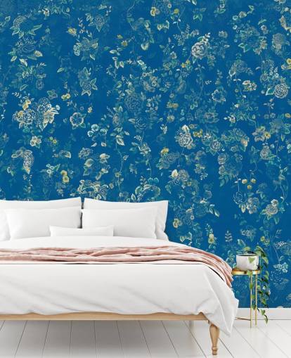 blue custom vintage floral mural called Aureline V by Loris Drago for bedrooms