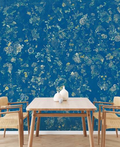 peinture murale florale vintage bleue sur mesure appelée Aureline V par Loris Drago pour les chambres