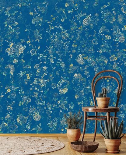 blue custom vintage floral mural called Aureline V by Loris Drago for bedrooms
