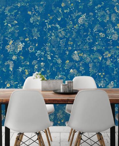 blue custom vintage floral mural called Aureline V by Loris Drago for bedrooms