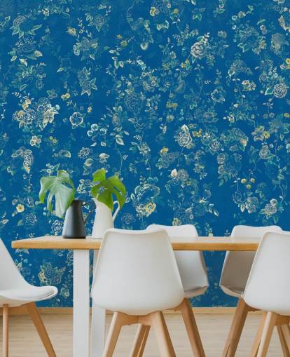 peinture murale florale vintage bleue sur mesure appelée Aureline V par Loris Drago pour les chambres