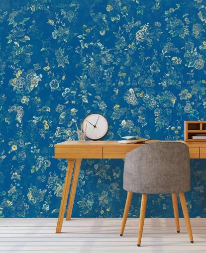 mural floral vintage personalizado azul llamado Aureline V de Loris Drago para dormitorios
