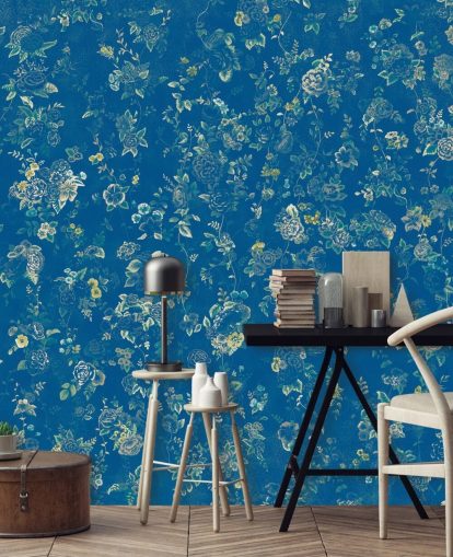 blue custom vintage floral mural called Aureline V by Loris Drago for bedrooms