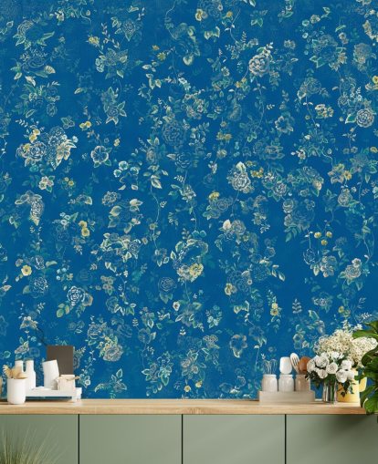mural floral vintage personalizado azul llamado Aureline V de Loris Drago para dormitorios