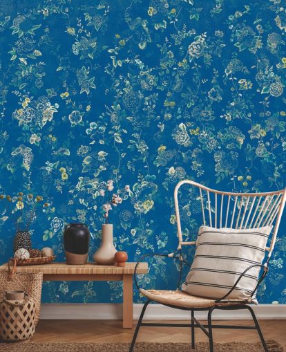 mural floral vintage personalizado azul llamado Aureline V de Loris Drago para dormitorios