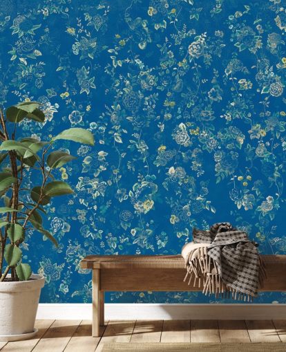 peinture murale florale vintage bleue sur mesure appelée Aureline V par Loris Drago pour les chambres