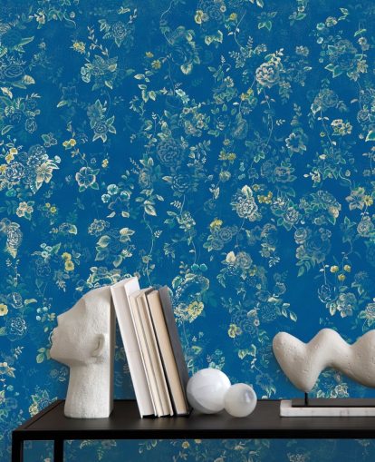 blue custom vintage floral mural called Aureline V by Loris Drago for bedrooms