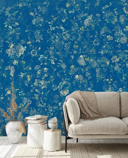 blue custom vintage floral mural called Aureline V by Loris Drago for bedrooms