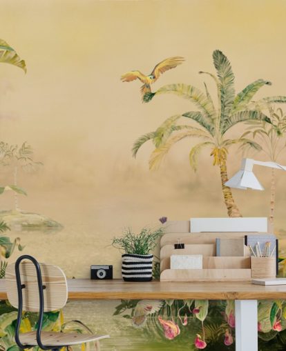 fresque murale personnalisée de la jungle jaune et verte appelée Eden's Canopy par Loris Drago