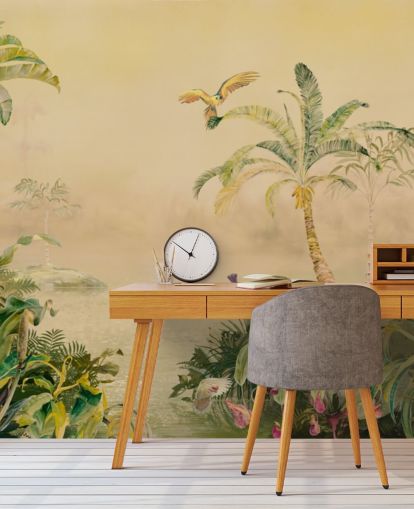 mural de parede de selva personalizado em amarelo e verde chamado Eden's Canopy, de Loris Drago mural de parede de selva personalizado em amarelo e verde chamado Eden's Canopy, de Loris Drago