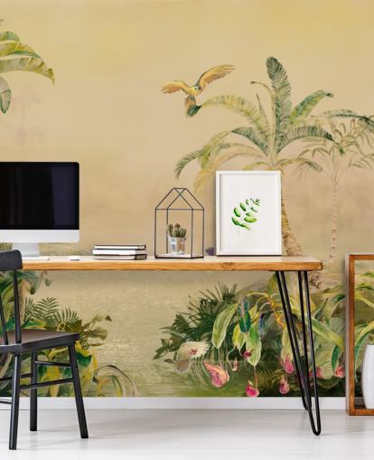 fresque murale personnalisée de la jungle jaune et verte appelée Eden's Canopy par Loris Drago