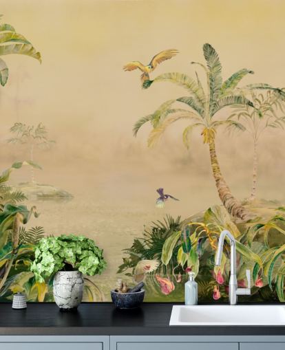 mural de parede de selva personalizado em amarelo e verde chamado Eden's Canopy, de Loris Drago mural de parede de selva personalizado em amarelo e verde chamado Eden's Canopy, de Loris Drago