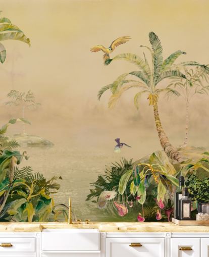 mural de pared de jungla personalizado amarillo y verde llamado Eden's Canopy de Loris Drago mural de pared de jungla personalizado amarillo y verde llamado Eden's Canopy de Loris Drago