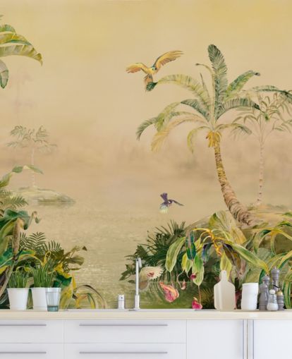 mural de pared de jungla personalizado amarillo y verde llamado Eden's Canopy de Loris Drago mural de pared de jungla personalizado amarillo y verde llamado Eden's Canopy de Loris Drago