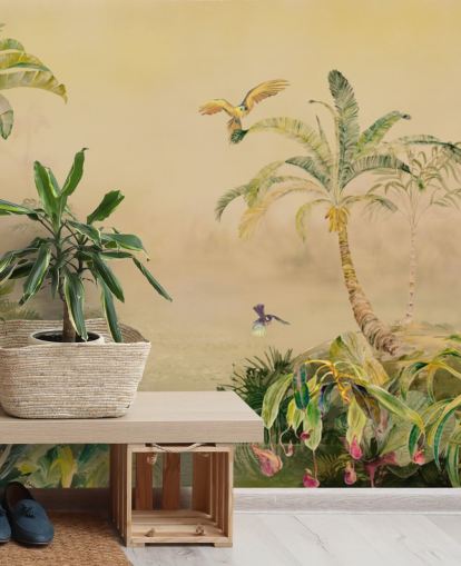 fresque murale personnalisée de la jungle jaune et verte appelée Eden's Canopy par Loris Drago