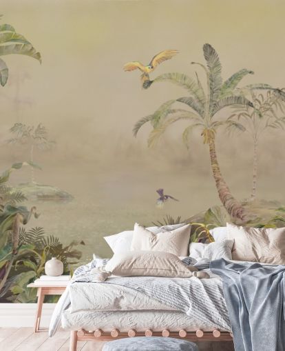 gele en groene aanpasbare jungle muurschildering genaamd Eden's Canopy II van Loris Drago
