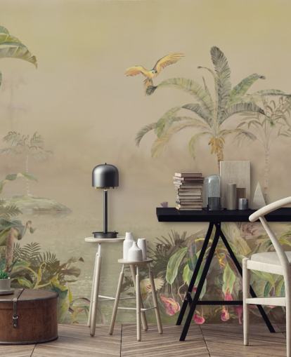 mural de parede de selva personalizável em amarelo e verde chamado Eden's Canopy II de Loris Drago