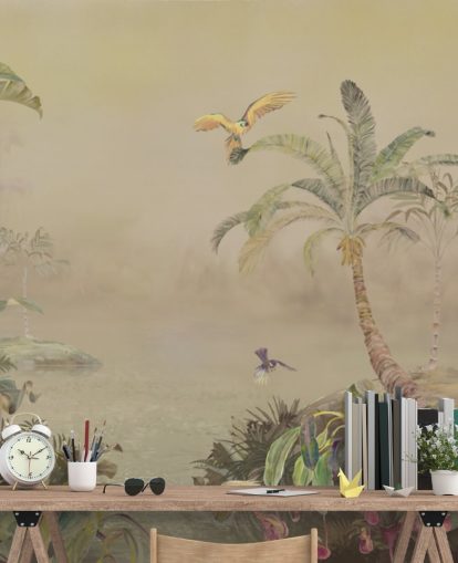 mural de parede de selva personalizável em amarelo e verde chamado Eden's Canopy II de Loris Drago