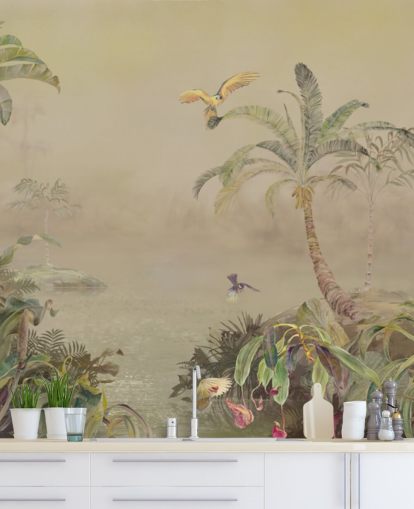 gul og grøn tilpassbar jungle vægmaleri kaldet Eden's Canopy II af Loris Drago gul og grøn tilpassbar jungle vægmaleri kaldet Eden's Canopy II af Loris Drago