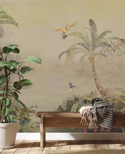 gul og grøn tilpassbar jungle vægmaleri kaldet Eden's Canopy II af Loris Drago