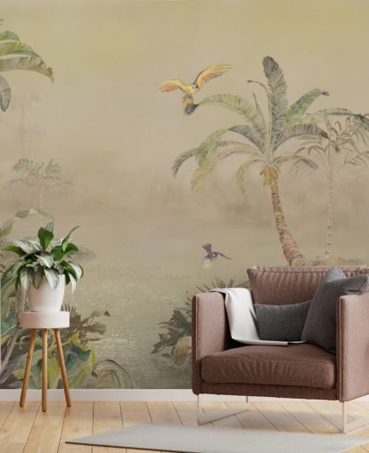 mural de parede de selva personalizável em amarelo e verde chamado Eden's Canopy II de Loris Drago mural de parede de selva personalizável em amarelo e verde chamado Eden's Canopy II de Loris Drago