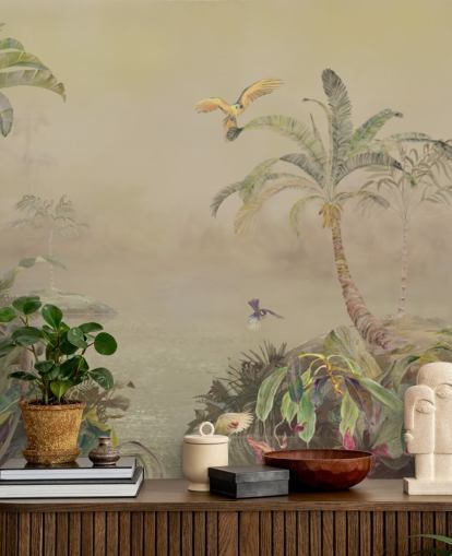 gul og grøn tilpassbar jungle vægmaleri kaldet Eden's Canopy II af Loris Drago gul og grøn tilpassbar jungle vægmaleri kaldet Eden's Canopy II af Loris Drago