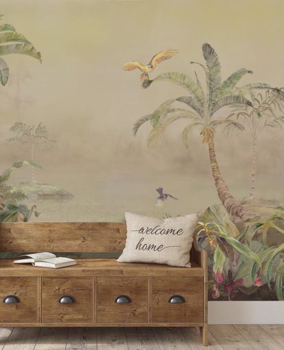 murale con giungla personalizzabile giallo e verde chiamato Eden's Canopy II di Loris Drago