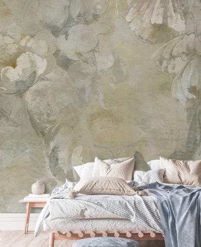 murale vintage grigio e giallo personalizzabile chiamato Evanea di Loris Drago per camere da letto e salotti