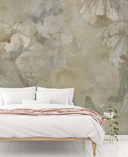 murale vintage grigio e giallo personalizzabile chiamato Evanea di Loris Drago per camere da letto e salotti