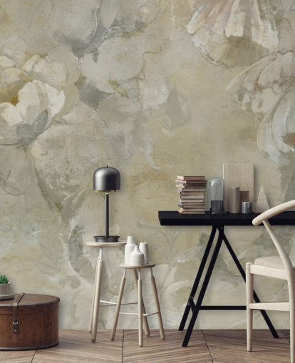 murale vintage grigio e giallo personalizzabile chiamato Evanea di Loris Drago per camere da letto e salotti