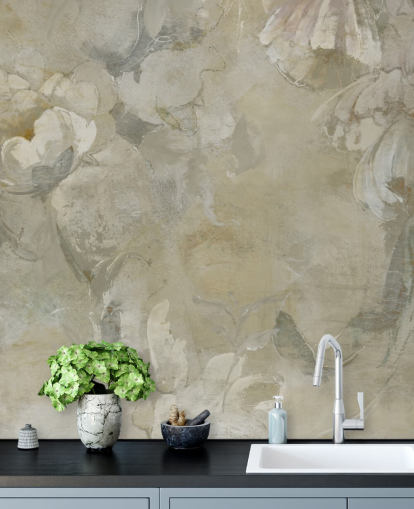 gray and yellow customizable vintage wall mural called Evanea by Loris Drago for bedrooms and living rooms