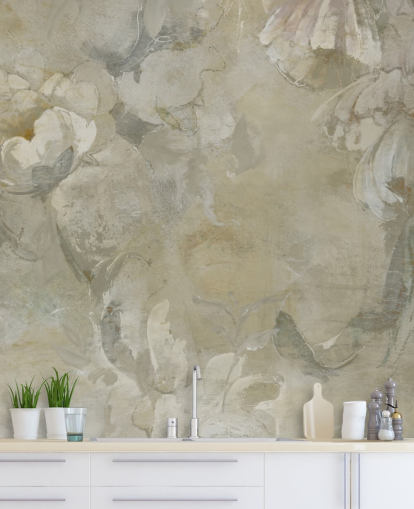 mural de parede vintage personalizável cinza e amarelo chamado Evanea de Loris Drago para quartos e salas de estar