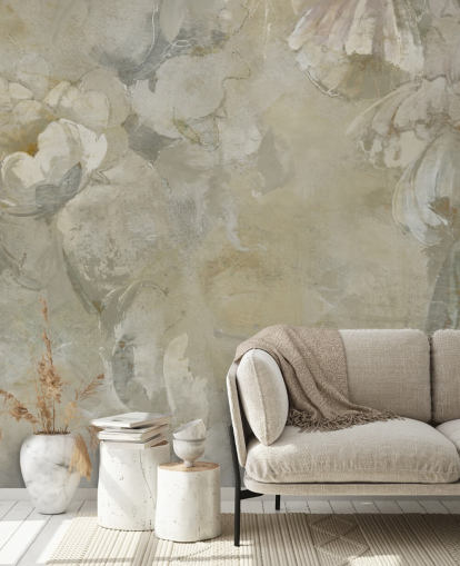 fresque murale vintage personnalisable grise et jaune appelée Evanea par Loris Drago pour les chambres et les salons